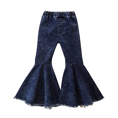 Baby Girls 𝐑uffle Denim Bell Bottom Baggy Wide Leg Jeans Toddler Elastic High Waisted Flare Pants with Pokets