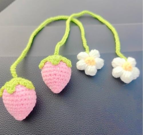Image of VRB Dec 1 Pcs Crochet Flower for car Dashboard Decoration Items,Car Hanging Crochet Flower,Sunflower Decoration for Car,Car Mirror Hanging Accessories, (Hanging Strawberry Pink Crochet - 1 Pcs)