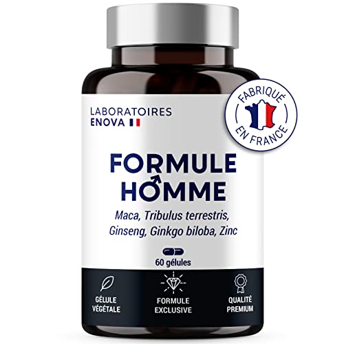 FORMULE HOMME | Vigueur, Puissance, Endurance | Complexe de Plantes pour Hommes : Maca, Tribulus Terrestris, Ginseng, Ginkgo Biloba, Zinc | 60 Gélules | Fabriqué en France | Complement alimentaire