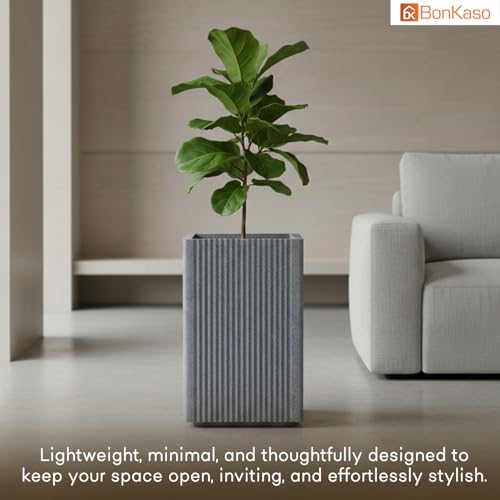 Image of BonKaso 18 Inch Rolex Tower Planter for Indoor & Outdoor Use | Tall Square Heavy Duty Polymer Flower Pot | Weather Resistant Modern Planter for Living Room, Balcony, Terrace & Office Decor(Light Gey)