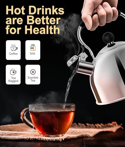 Whistling Tea Kettle for Stovetop, 2 Quart Small Tea Kettle for Tea and Coffee, 1.8L Food Grade Stainless Steel Tea Pot, Hot Water Kettle for Stove Top, Water Boilers (Stainless Steel)