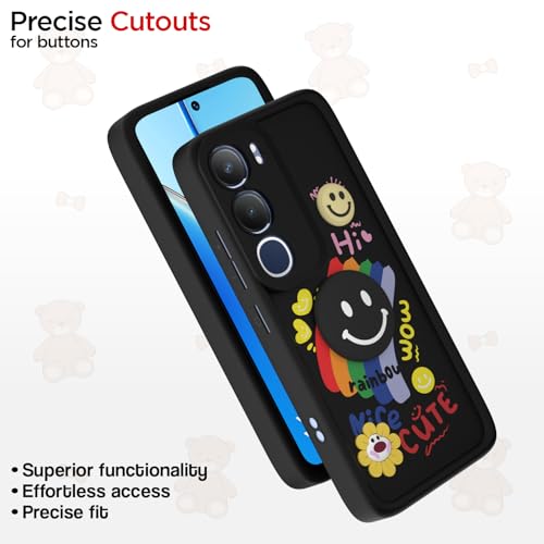 Image of Pikkme Back Cover for Vivo Y29 5G / Vivo Y19s | Soft Silicone| Cute Rainbow Smile & 3D Cartoon Flower Design | Shockproof Raised Camera Protection Bumper Case (Black)