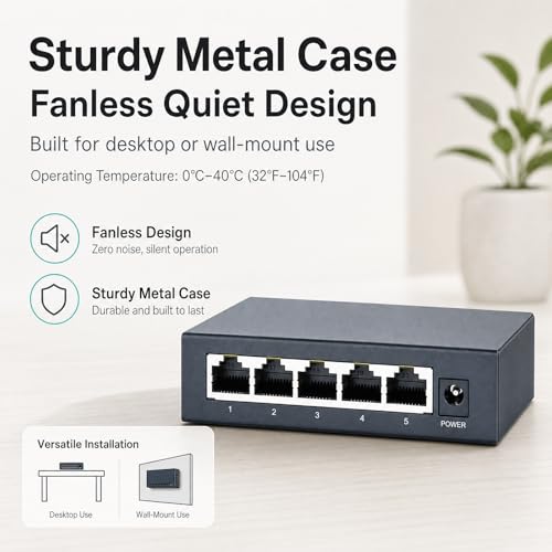Image of 5 Port Gigabit Ethernet Switch Unmanaged, Plug and Play Network Hub with 5 RJ45 Ports, Ethernet Splitter, Fanless Metal Design, Shielded Ports, Traffic Optimization for Home Office Gaming