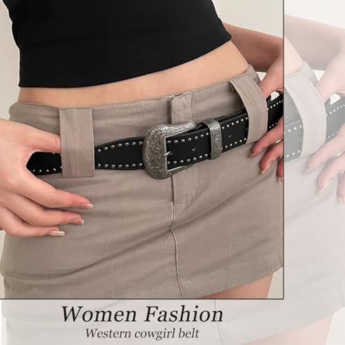 Western Cowboy Belts for Women with Vintage Buckle, Cowgirl Rock And Roll Punk Casual Jeans Belt Hot Girl Studded Belt3