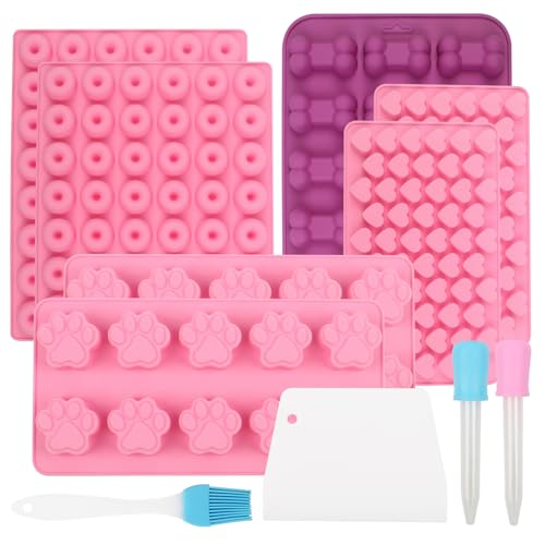 7PCS Dog Biscuits Silicone Moulds for Baking Set, Mini Dog Treats Silicone Baking Moulds, Heart Paws Bone Donut Silicone Molds, Gummy Moulds for DIY Pet Snack Chocolate Jelly