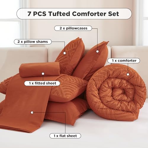 Image of Andency Super King Plus Comforter Set Burnt Orange - 7 Pieces Bed in a Bag Oversized King Bedding Sets, Boho Tufted Terracotta Bedding Sets, Rust Bed Set with Comforter, Sheets, Pillowcases & Shams