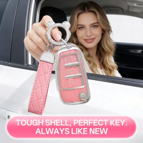 Avalessia for Audi Key Fob Cover with Keychain,3 Buttons Soft TPU Protector Bling Car Keys Case Shell Compatible with Audi A1 A3 Q3 Q7 R8 A6L TT Smart Remote Key For Women(Silver Pink) — view 6