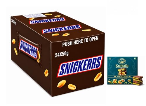 Image of Snickerrs Chocolate Bars, Peanut Nougat, Pack of 24, 50g Each (imported) with Free Flavourito Kunafa Pistachio Chocolate Bar, 20g By Decadent Foods
