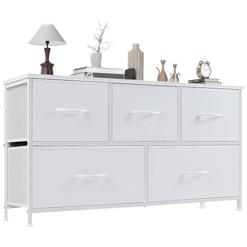 OLIXIS 5 Drawer Dresser Nightstand Classic White, Wooden Top Metal Frame Fabric Storage Organizer for Bedroom Living Room Entryway, Wide TV Stand Closet Chest Furniture