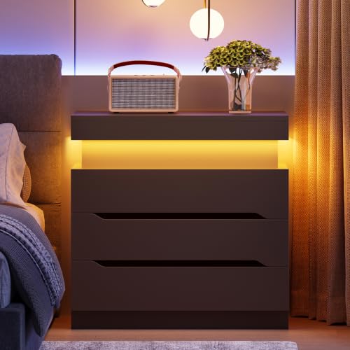 Image of TEENFON Night Stand with 3 Drawers, Nightstand with App-Controlled Adjustable LED Light, Bedside Table with Slidable Hidden Storage Space, Modern Nightstands for Bedroom,Black