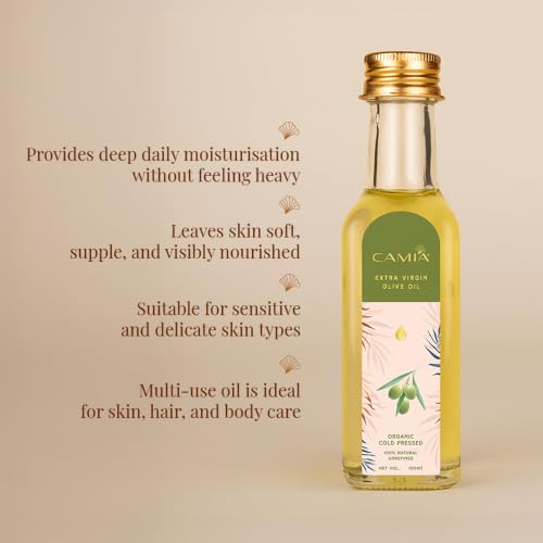 Image of CAMIA - Organic Cold Pressed Olive Oil for Hair & Skin | Helps Manage Variety of Skin Problems Including UV Damage | Strengthen Hair Roots | Deeply Moisturizes | 100 ML Glass Bottle