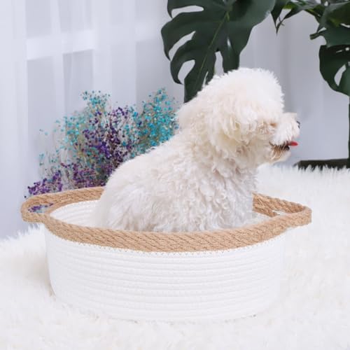 Image of ABenkle Small Basket with Handles, Boho Decorative Rope Woven Dog Cat Toy Storage Bin Shelf Storage Organizer, Easter Christmas Gift Basket, 12 inchx8 inchx5 inch