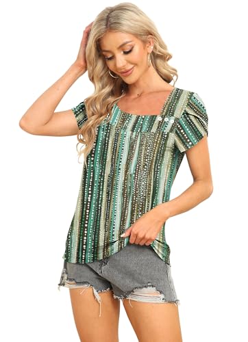 Image of Womens Petal Sleeve Tops Summer Trendy T Shirt Casual Loose Square Neck Button Blouse Tees