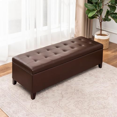 Joveco Storage Ottoman Bench, 51 Inch Leather Tufted Bench for End of Bed, Bedroom, Living Room, Brown