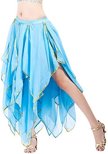 Women Sequin Side Split Skirt Chiffon Belly Dance Performance Skirt Sky Blue