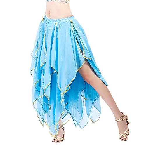 Women Sequin Side Split Skirt Chiffon Belly Dance Performance Skirt Sky Blue #TOP28