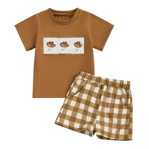 Image of Western Toddler Baby Boy Summer Clothes Cow Head Embroidery Short Sleeve T-shirt Plaid Shorts Infant Smocked Outfit