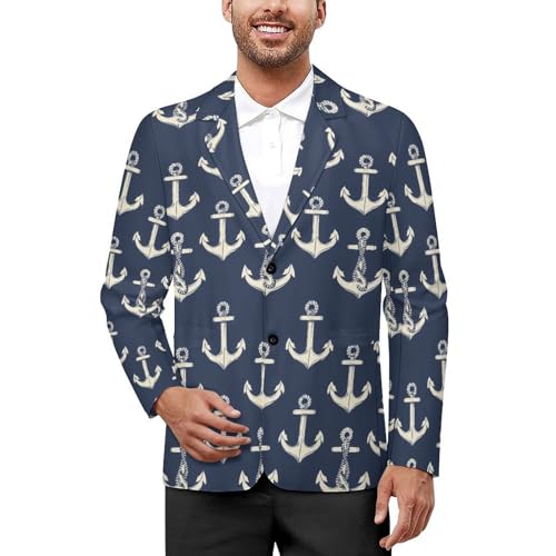 Anchors Nautical Pattern Mens Casual Blazer Button Suit Jacket Lightweight Sport Coat for Work Business