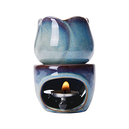 Jiafive Ceramic Tealight Wax Warmer with Candle Spoon, Lotus Candle Warmer Candle Tealight Holder Fragrance Warmer for Home Bedroom Decor Christmas Housewarming Gift Dark Blue