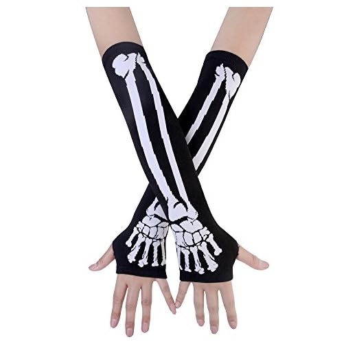 JISEN Women Punk Winter Arm Warmer Knitted Stretchy Soft Fingerless Gloves White Skeleton