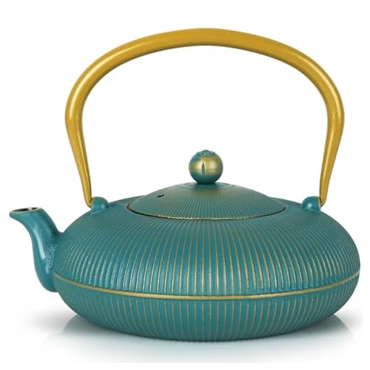 Jotsport Green Cast Iron Teapot Large Capacity 40oz/1200ml with Infuser for Loose Leaf Stovetop Safe Vertical Stripe Flat Tea Kettle, Enameled Interior