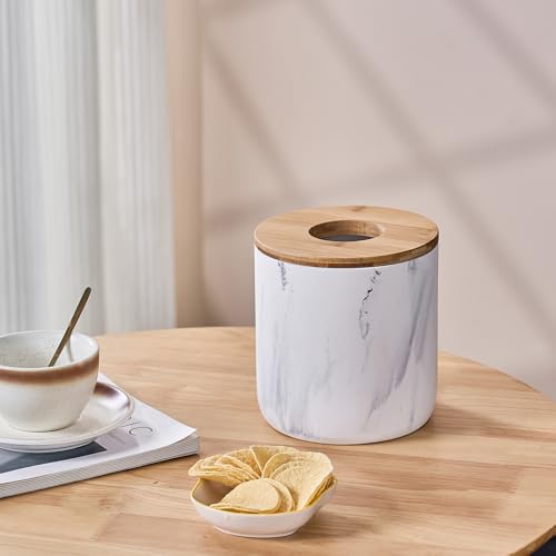 Caneca de basura mini blanca mármol con tapa de bambú miniatura 6