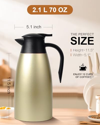Image of Updated 70 Oz Thermal Coffee Carafe, 2.1L nsulated Stainless Steel Coffee Carafes for Keeping Hot Coffee & Tea Hot Beverage-12Hours, Double Walled Vacuum Coffee Carafe (Gold)
