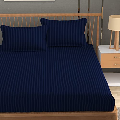 Image of 200 TC Stripe Glace Cotton BedSheet with Pillow Cover (Navy Blue, Double)