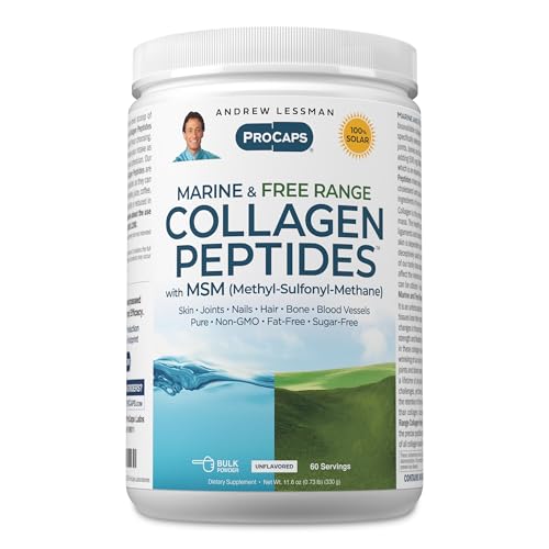 ANDREW LESSMAN Marine Free Range Collagen Peptides Powder and MSM 60 Servings - Supports Radiant Smooth Soft Skin Comfortable Joints. Super Soluble No Fishy Flavor No Additives Non-GMO