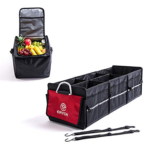 Waterproof Car Trunk Organizer with Premium Insulation Leak-proof Cooler Bag, ERYOK Collapsible Multi-Compartment Storage Organizer with Adjustable Securing Straps for Cars, SUV, Trucks, Van