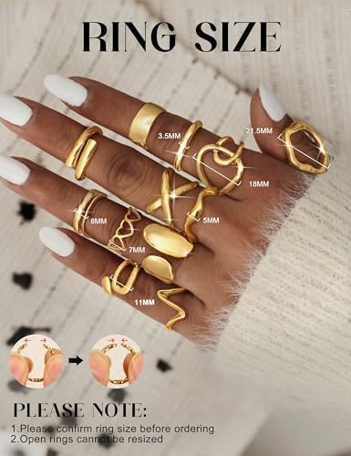 Sanfenly 12 PCS Chunky Gold Rings for Women Non Tarnish 18K Gold Plated Adjustable Statement Ring Knuckle Thumb Stackable Open Rings Set Fashion Jewelry Gifts4