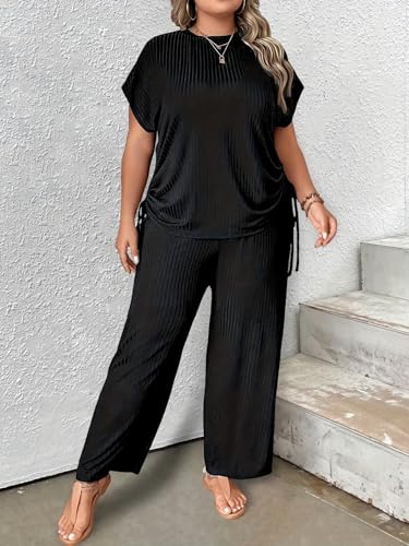 Plus Size 2 Piece Lounge Sets for Women Sweatsuit Loose Ribbed Short Sleeve Tops Wide Leg Pants Pajama Sets2