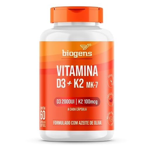 Vitamina D3 2000UI + K2 MK-7 100mcg, Formulado com azeite de oliva, Biogens (60 cápsulas)