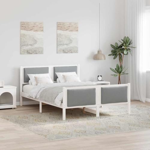 Kaloriko Marco de cama con cabecero gris claro de 135 x 190 cm de tela, moderno marco de cama de pino tapizado para dormitorio