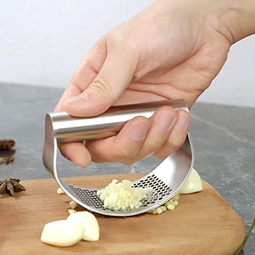 Garlic Press Stainless Steel Garlic Crusher Presser Kitchen Garlic Rocker 304 Food Grade Ginger Grater Chopper Mincer Twister Squeezer Smasher with Silicone Garlic Peeler Tube Roller & Cleaning Brush