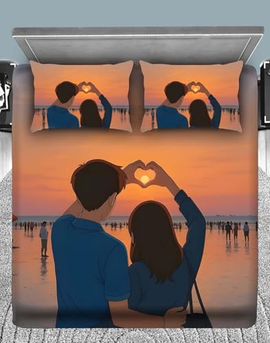 Image of 7D Digital Printed Bedsheet Couple Design for Double Bed King Size - 90x100 Inch with 2 Pillow Covers | Glace Cotton | Soft Breathable | Premium Bed Sheet | 240TC