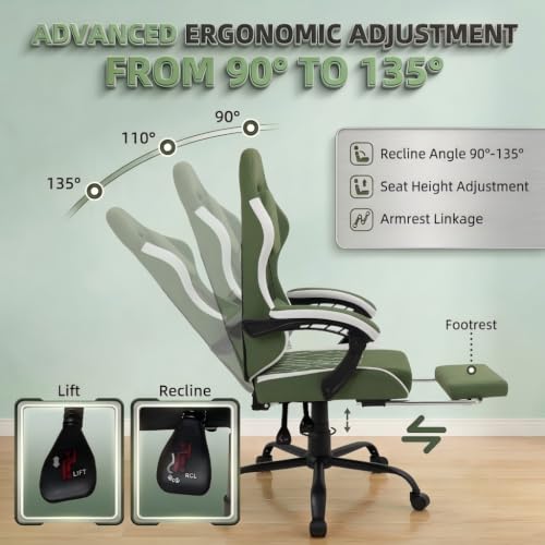Image of Video Gaming Chair, Ergonomic Office Chair with Footrest, Lumbar Support and Linkage Armrests, Swive Home Video Game Chairs for Adults, Green
