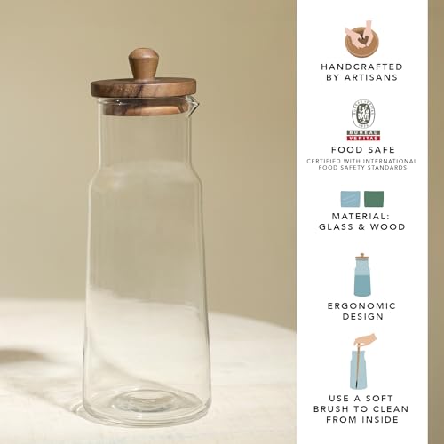Image of Ellementry Glass Carafe with Wooden Lid - 1L, Clear Glass Pitcher for Hot & Cold Water, Juice, Coffee, Iced Tea, Milk, Cocktail & Wine, Transparent Beverage Server for Dining Table, Kitchen & Parties