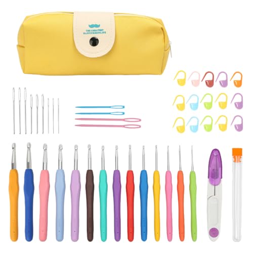Image of HASTHIP Cotton Crochet Hook Set 14 Sizes, Complete Kit With Carry Bag, Needles, Markers, Measure Tape, Ideal For Beginners, Adults,Yellow-B