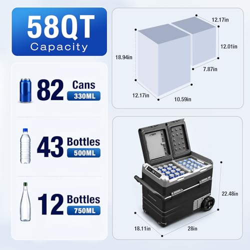Image of YELLOW JACKET 12 Volt Car Refrigerator 58 Quart, Portable Freezer Dual Zone, -4℉-68℉ Electric Cooler for Camping Road Travel,12 /24V DC & 110~240 V AC for Truck RV Home Office