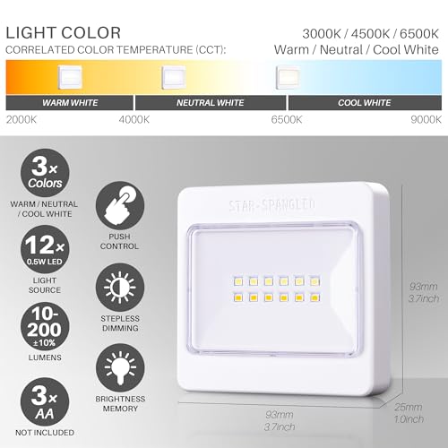 Image of STAR-SPANGLED 3.7 inch Dimmable LED Puck Light Under Cabinet AA Battery, 3 Pack