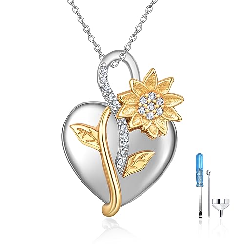 TANGPOET Sunflower Ashes Necklace 925 Sterling Silver Urn Necklace Memorial Cremation Jewellery for Ashes Pendant for Family Friends Pet with Funnel Filler Kit