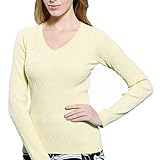 Monterey Club Women's Fine Gauge Cable Knit V-Neck Sweater #6134 (Banana Cream, Large)