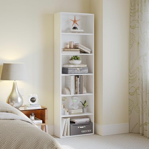 MXV 6-Tier Open Bookcase - White Storage Shelves for Home Office, Living Room, and Bedroom