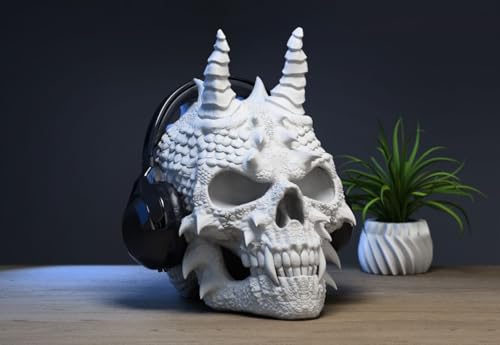 Image of Skull Headphone Stand Collection - 3D Printed Dragon, Cyborg & Scream Skull Headset Holders, Gothic & Fantasy Desk Accessories for Gaming and Office Setups, Durable PLA Display Stands (Marble Grey, Dragon Skull Headphone Stand)