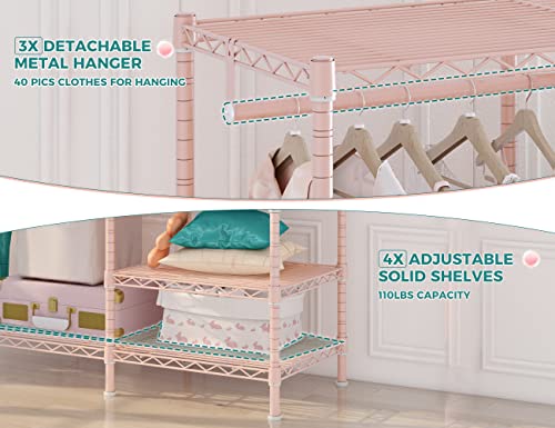 Raybee Heavy Duty Clothes Rack For Hanging Clothes, Metal Clothing Racks For Hanging Clothes, Portable Clothes Rack, 705Lbs Clothes Hanging Racks, Garment Rack With Shelf, Pink, 45.3"W X 16.7"D X 77"H #TOP6