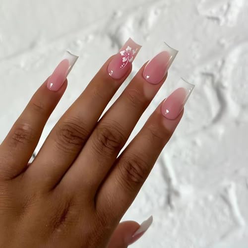 White French Tip Press on Nails Medium Square Pink Fake Nails wit...