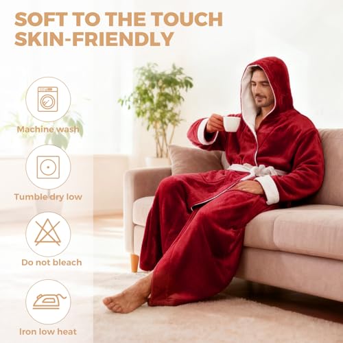 Image of FashGudim Mens Robes Big and Tall with Hood Two-Tone Flannel Fleece Contrast Bathrobe Full Length Plush Long Robe House Coat