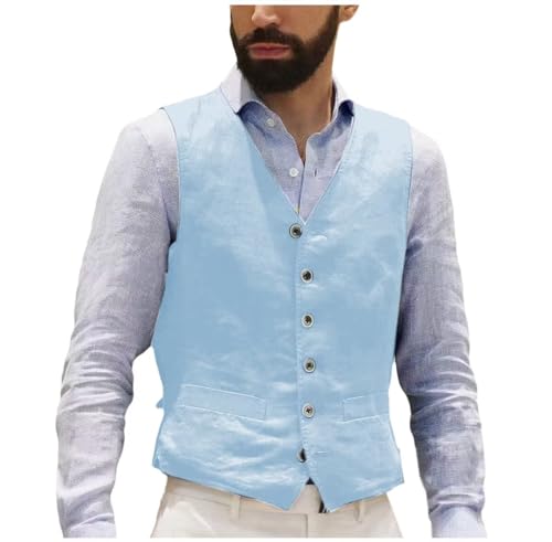 Men's Linen Vest Casual Business Suit Vest Summer Beach Wedding Linen Waistcoat