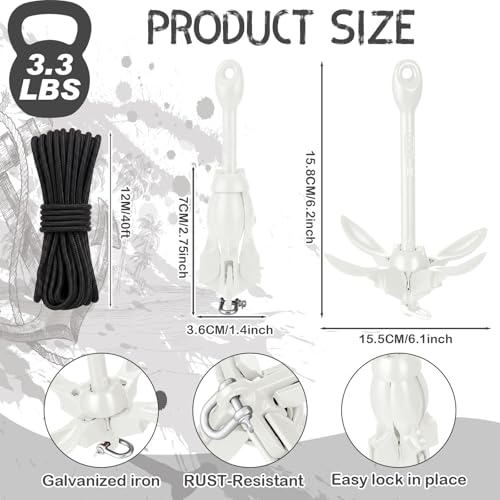 Image of MorningRo 1 Pack 1.5 /3.5 lb Marine Kayak Anchor Kit with 40ft Rope and Buoy Folding Grapnel Boat Anchor Kit Kayak Fishing Accessories for Small Boats, Canoe, SUP Paddle Boards